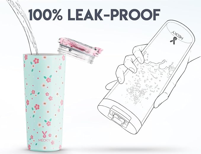 Meoky 24 oz Insulated Travel Coffee Mug: Leak Proof Lid, Mint Petal | Stainless Steel Coffee Tumbler, Keeps Hot for 8 Hours or Cold for 24 Hours, Fits in Car Cup Holder, BPA Free