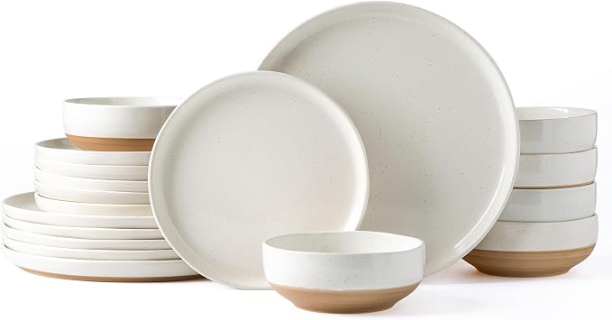 AmorArc Dinnerware Sets for 6, 18 Pieces Ceramic Plates and Bowls Set | Scratch Resistant Stoneware Dishes Set, Dishwasher & Microwave Safe, Light Beige