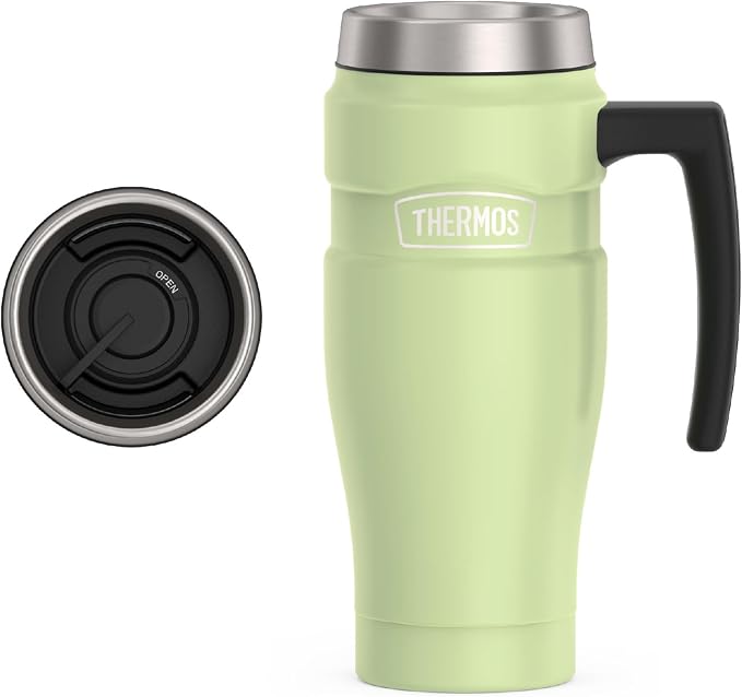 THERMOS Stainless King Travel Mug with Handle, 16oz, Matte Green | Vacuum-Insulated Travel Mug with Handle for Hot & Cold Drinks, Stainless Steel Coffee Mug with Lid for Commuting
