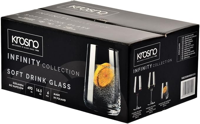 Krosno Water Glasses Set of 6, 16.6 oz, Infinity Collection | Glass Tumblers, Lead-Free Crystal Glassware, Juice Glasses, Water Glass Set, Dishwasher Safe, Made in Europe