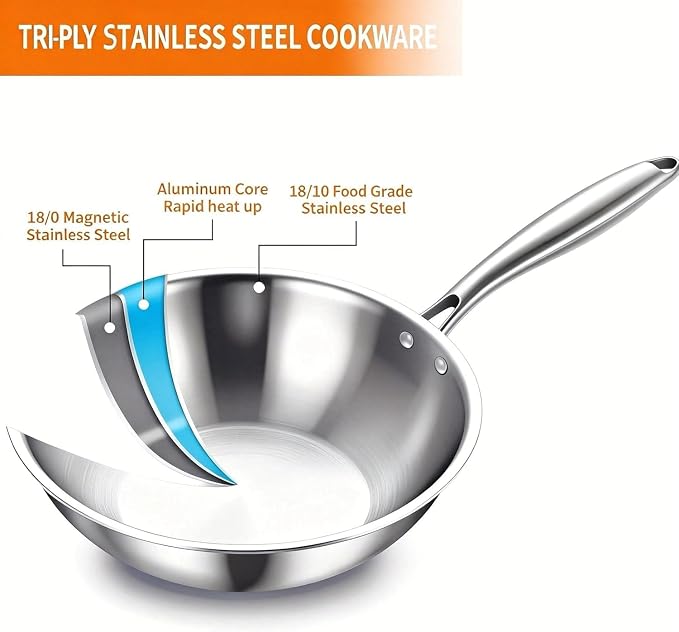 DELARLO Woks & Stir-Fry Pans, 13 in Stainless Steel Pan with Lid, Large Cooking Surface, Tri-Ply Stainless Steel Wok Pan,High Side 3 Layer Stainless Steel Saute Pan, Wok for induction cooktop, 600℉