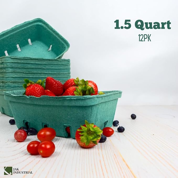 12 Pack Green Molded Pulp Fiber Berry/Produce 1.5 Quart Basket - Large Berry Basket