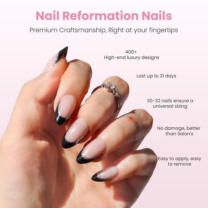 Nail Reformation Press On Nails, Silver Lining | Short Almond Fake Nails | 16 Sizes 32 Pcs Black Glitter French Tip on Nude Base in Glossy Finish Reusable Stick On Nail, False Nail Kit for Women Gifts