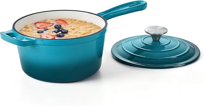 Homikit Cast Iron Sauce Pan, 2 Quart Enameled Cast Iron Saucepan with Lid for All Cooktops, Small Pot Dutch Oven for Kitchen Cooking, Boiling, Nonstick & Heavy Duty, Teal Ombre