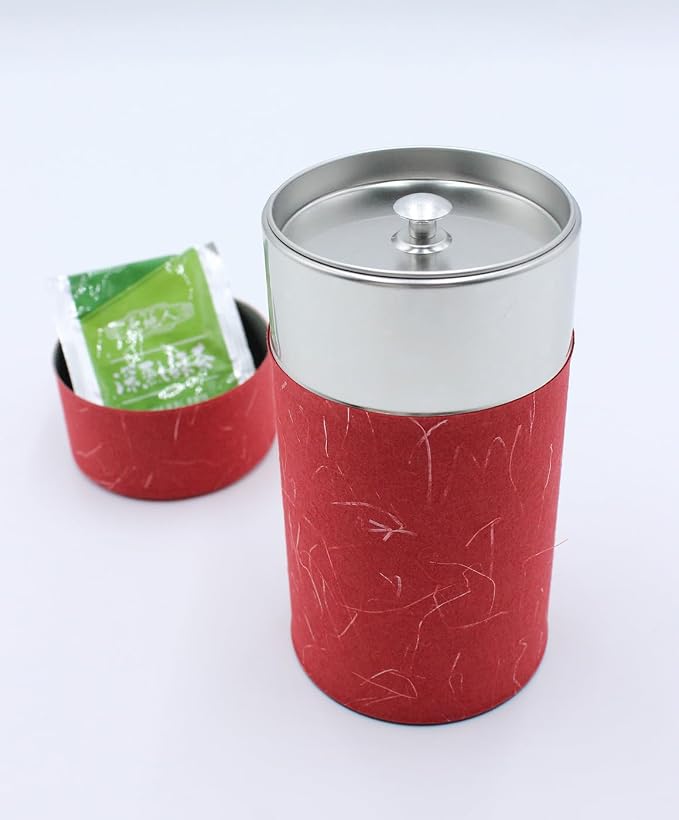 Japanese Pokkan Matcha Coffee Spice Tea Tin Canister Washi Paper Storage with Lid 7.05 oz Capacity (Unryugami Red)