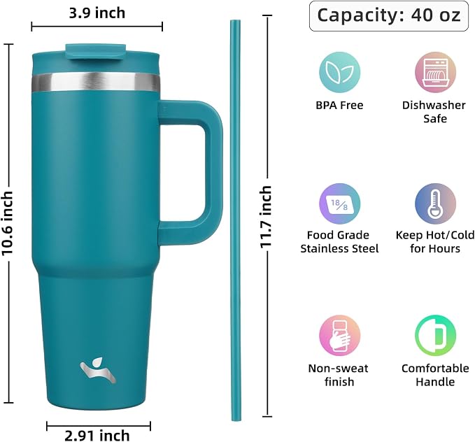Konokyo 40 oz Insulated Tumbler Water Bottle with Handle, Straw Lid | BPA-free and dishwasher safe; made for gym, travel, coffee and gifting, 2 straws, cup holder friendly,Blue