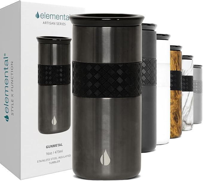 Elemental Artisan 16oz Triple-Wall Insulated Coffee Tumbler w/Ceramic Lid | Triple Wall Coffee Travel Mug, Reusable Stainless Steel Coffee Tumbler; Thermal Coffee Cups for Hot (6 Hrs) & Cold (18 Hrs)