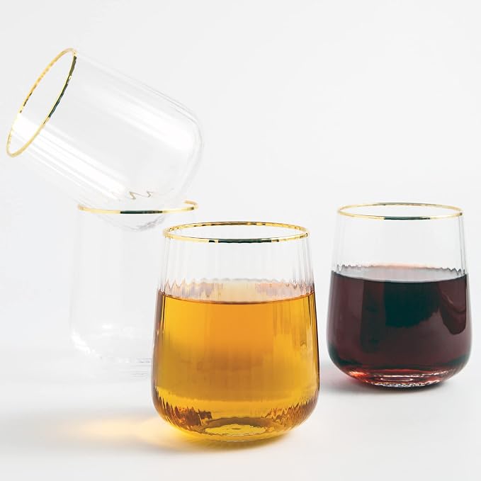 Lysenn Stemless Wine Glasses Set of 4, for Red & White Wine, Gold Rim, 15oz | Hand Blown, Premium Quality, for Dinner Table, Celebration, Holiday Entertaining, Bar Carts and Home Bars, Ideal Wedding Gift