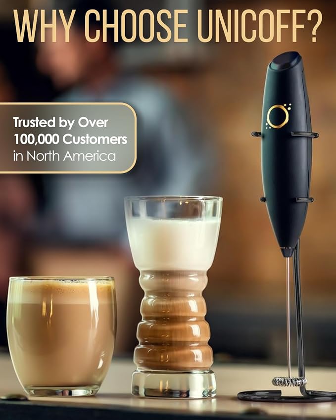 Rechargeable Milk Frother Handheld, USB-C Coffee Mixer, Matte Black | Rechargeable USB-C, quiet whisk, stainless steel stand, coffee matcha protein cold foam latte, portable coffee bar accessory