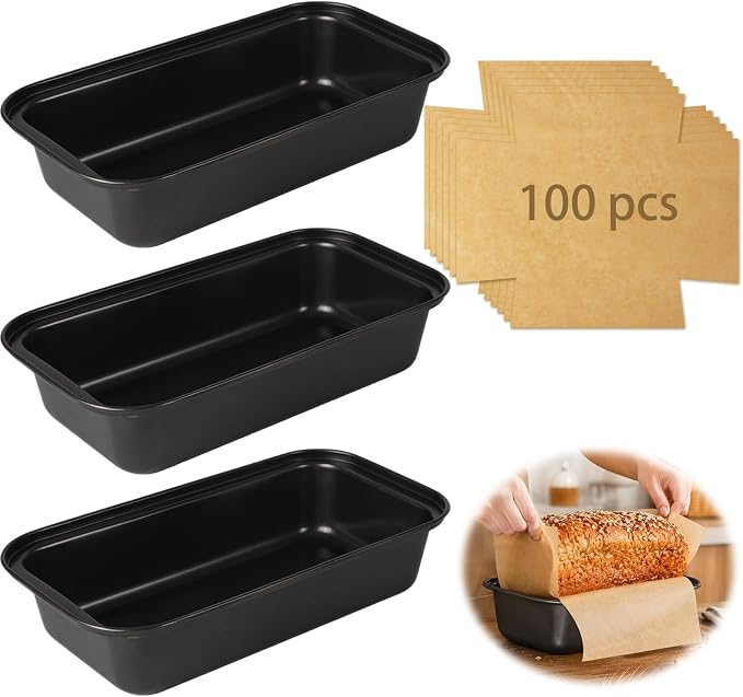 3 Pack Loaf Pan with Liners Set, Carbon Steel Bread Loaf Pan | Nonstick 9 x 5 Inch Rectangular Baking Pan with 100 Pcs Loaf Liners for Homemade Bread Cake Sourdough Banana Sandwich Bread