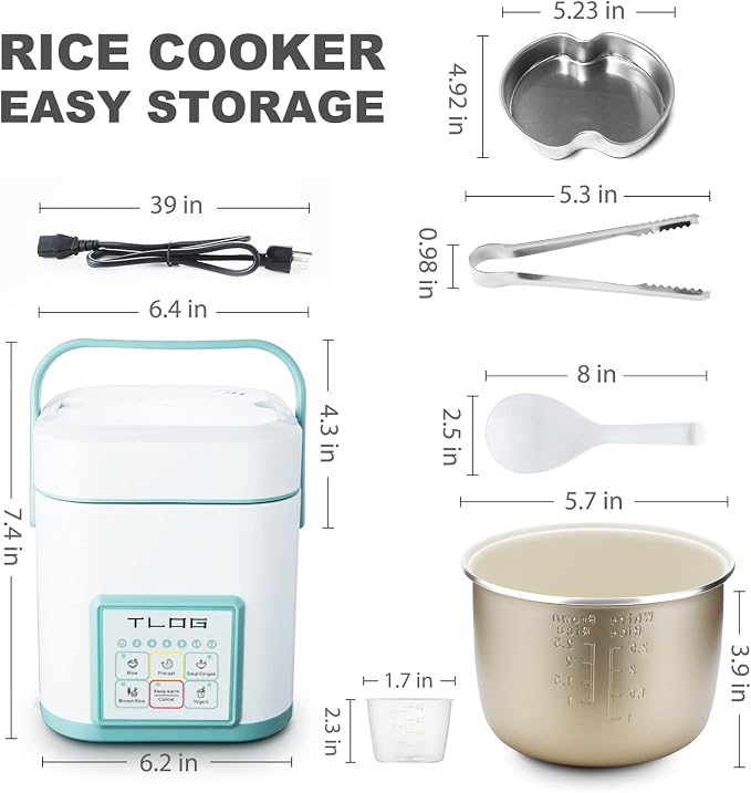 TLOG Mini Rice Cooker, 1.2L with Ceramic-Coated Pot, 2.5-Cup Uncooked | Food steamer, 12-hour delay timer, compact size for 1-2 people, for rice, grains, oatmeal, dorm rooms and travel