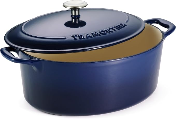 Tramontina Bestow Enameled Cast Iron 7-Qt Oval Dutch Oven Pot with Lid | Great for Braising, Roasting and Bread Baking - Blue
