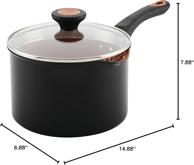 Farberware Glide Copper Ceramic Nonstick Straining Sauce Pan with Lid, 3-Quart, Black