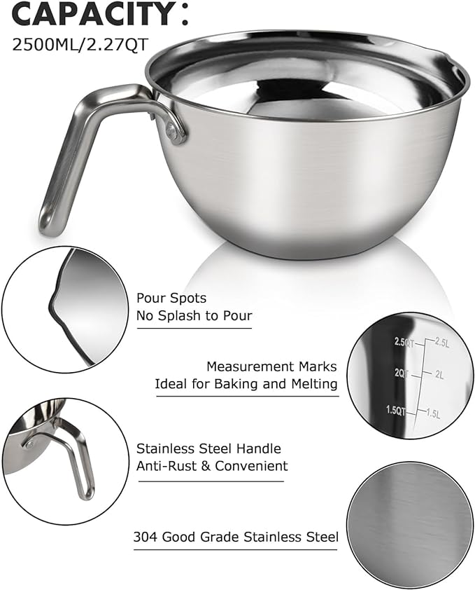 2.3QT Double Boiler Chocolate Melting Pot with 3.6QT Stainless Steel Pot | 304 food-grade steel, rust-proof. Melt chocolate, butter, candy, wax, soap. Stovetop safe, Dishwasher safe