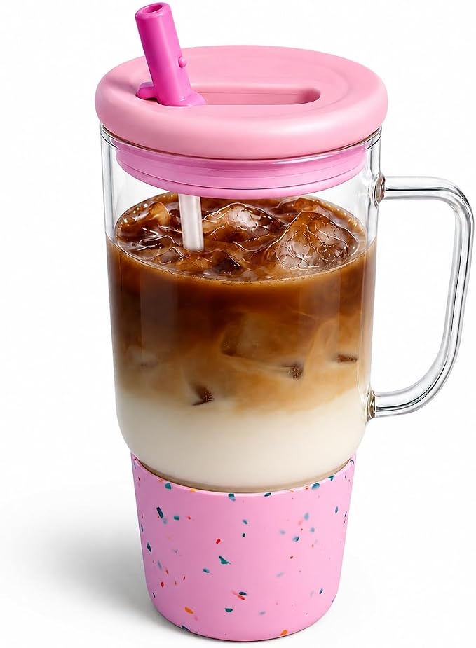 40oz Glass Tumbler with Flip Straw Lid, Handle, Silicone Sleeve, Pink | Leakproof Lid, Fits Car Cup Holder Glass for Iced Coffee, Water, Cold Drinks, Travel, Outdoor, Partys&Home