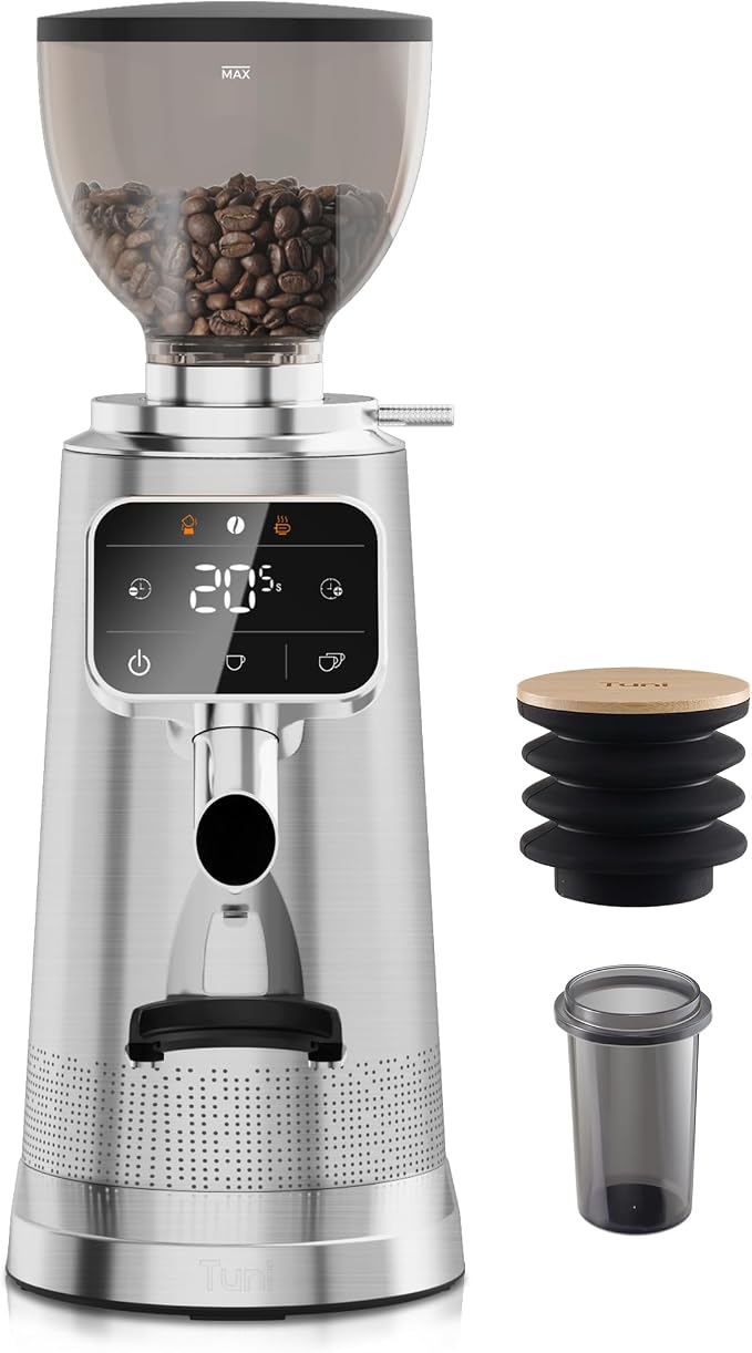 Tuni G3 64mm Flat Burr Electric Coffee Grinder with 100 Grind, Silver | Commercial Grade Espresso Grinder with Single Dose Set, Touchscreen Display, Anti-Static Tech, Stainless Steel