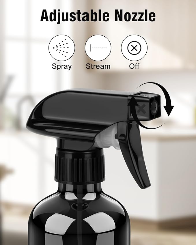 Bontip Glass Spray Bottle 16 oz for Cleaning, Plants (2 Pack, Black) | 16oz refillable black spray bottles 2 pack, BPA-free eco glass, With labels, Great for cleaners, plant misting, hair care