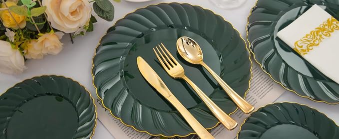 YOUBET 150PCS Emerald Green Plastic Plates for Party Wedding | Green and Gold Disposable Dinnerware Include 50 Plates, 25 Knives, 25 Forks, 25 Spoons, 25 Napkins Ideal