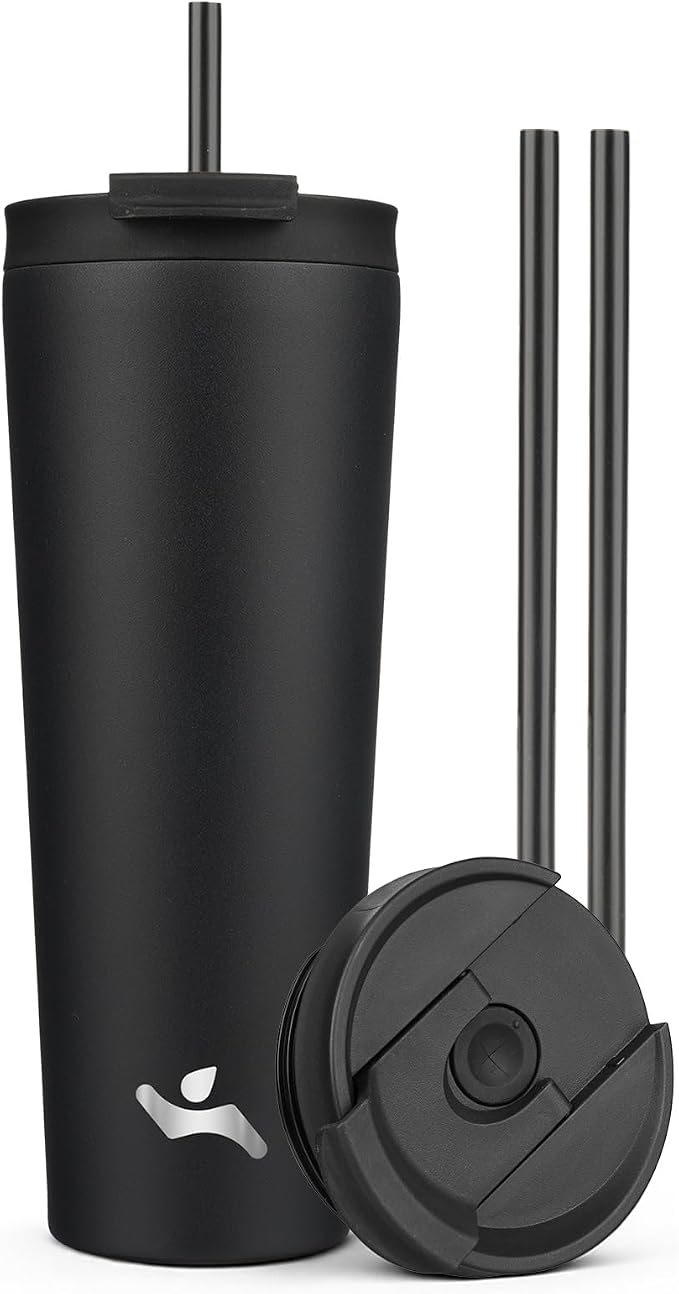 Konokyo 26 oz Insulated Tumbler Water Bottle with Straw Lid, Black | Stainless steel insulated tumbler for coffee, water and iced drinks; spill-proof lid, 2 straws, cup-holder friendly