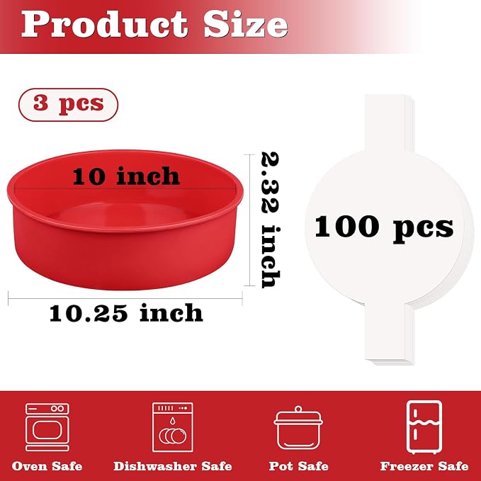 HUAKENER 10" Round Cake Pan, 3 Pcs Silicone Cake Molds with Parchment Paper | Nonstick,10 Inch Cake Molds with 100 Pieces Parchment Paper for Birthday Cakes, Layer Cakes, Cheese Caks, Chocolate Cakes