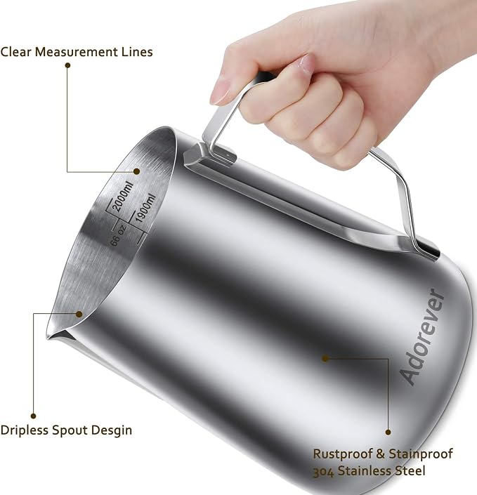 Milk Frothing Pitcher, 66oz Steaming Pitcher Stainless Steel Espresso Machine Accessories for Coffee Bar, Cappuccino Barista Tools Milk Jug Steamer Frother Cup with Decorating Latte Art Pen