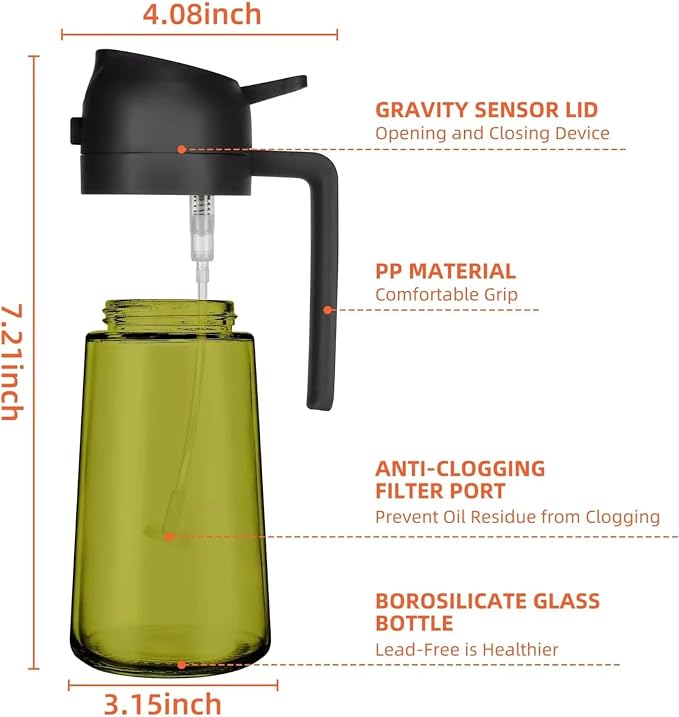 DUTHINGS - 16oz Oil Sprayer for Cooking, Green Glass Olive Oil Dispenser Bottle with Spray & Pour, Cooking Oil Sprayer with Labels