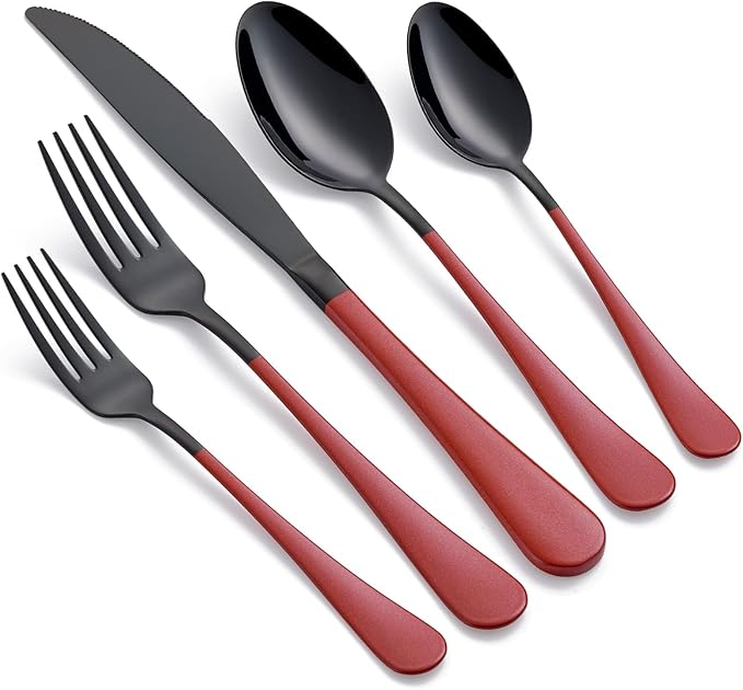 20-Piece Red Silverware Set 18/0 Stainless Steel Black Silverware Set Red Handle Cutlery Set Service for 4 Dinner Knives Forks Spoons Set Black Flatware SetFinish Dishwasher Safe