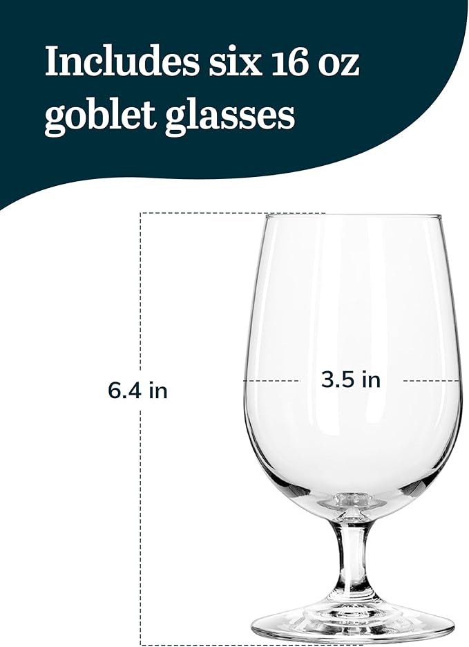 Libbey Entertaining Essentials Stemmed Water Glasses, Clear Multi-Purpose Water Goblet Set of 6, Dishwasher Safe 16 oz Goblet Glasses for Parties