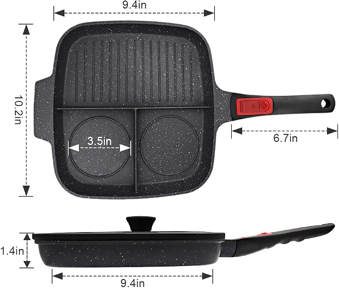 Nonstick 3 Section Grill Pan for Stove Tops, Black | Detachable Handle, Versatile Griddle Pan with Lid, Square Skillet PFOA Free