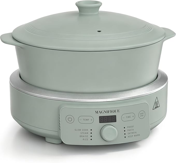 MAGNIFIQUE Slow Cooker, 4.5 Quart 8-in-1 Clay Pot Multi-Cooker, Non-Toxic Slow Cooker with Removable Clay Pot, for Rice, Pasta, Steam & Proof, Nonstick, Oven Safe Pot to 500°F, Olive