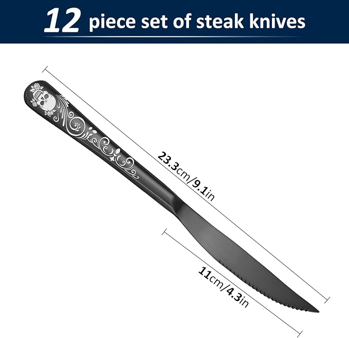 Skull Ultra Sharp 2-IN-1 Serrated Knives, SANLUNS Chef Knife Set Serrated Knives of 12 - Professional Design Collection - 18/0 Stainless Sharp Dinner Knive Unique Skull Pattern Design