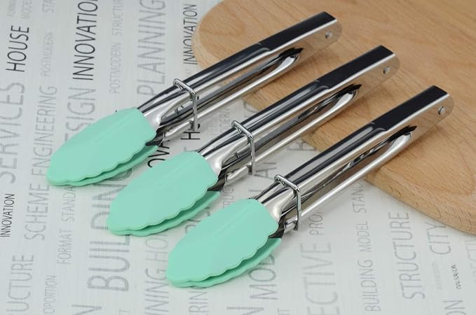 HINMAY 7" Stainless Steel Food Tongs with Silicone Tips, Set of 3 (Mint) | 7-Inch Mini Tongs