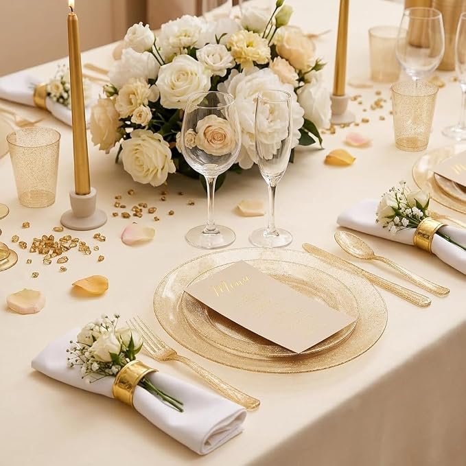 150Pcs Gold Disposable Plates,Gold Glitter Dinnerware Set for Party | Gold Plastic Plates Set Include 25 Dinner Plates 10.25’’, 25 Dessert Plates 7.5’’, 25 cups 10 oz, 75 Plastic Silverware Set