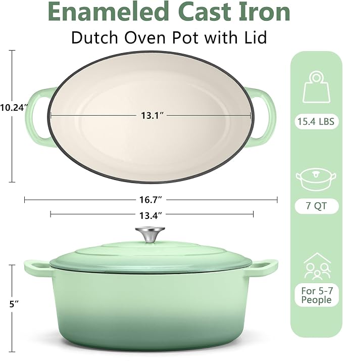 TeamFar 7QT Oval Dutch Oven, Enameled Cast Iron Dutch Oven Pot with Lid | For Bread Baking/Stewing/Braising/Frying, Suitable for Various Stoves, Non-stick & Easy Clean, Pistachio Green