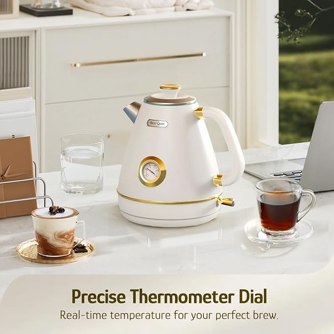 Hazel Quinn Retro Electric Kettle, 1.7 Liters with Thermometer, Pearl White | 57.5 Ounces Tea Kettle All Stainless Steel, 1200 Watts Fast Boiling, BPA-free, Cordless, Automatic Shut Off, Home and Office