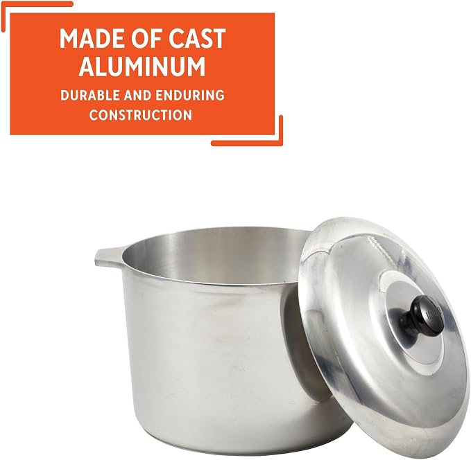 IMUSA USA Heavy Duty Cajun Aluminum Stock Pot 14 Quart, Silver | Brushed Finish, Side Handles and Bakelite Knob with Lid, Ideal for Soups and Stews, Great for Large Meals