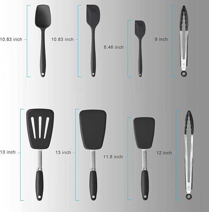 5-Piece Silicone Spatulas Set with Tongs, 446°F Heat Resistant, Black | Steel-core Utensils, Nonstick-safe Silicone Turners and Tongs for Flipping, Grilling, Mixing and Baking, Dishwasher Safe