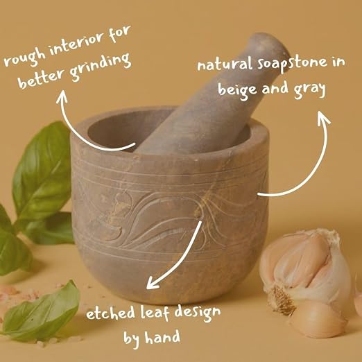 Stone Mortar and Pestle for Grinding Herbs and Spices, Made from Gray Soapstone, Small Size, 3 Inch Wide