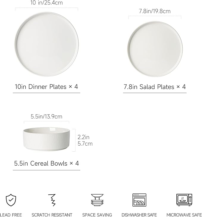 Stoneware Dinnerware Sets for 4, 12Pcs Plates and Bowls Set, Cream White | Handmade Reactive Glaze Ceramic Dishes, Microwave and Dishwasher Safe, Modern Minimalist Ribbed Tableware for Everyday Use