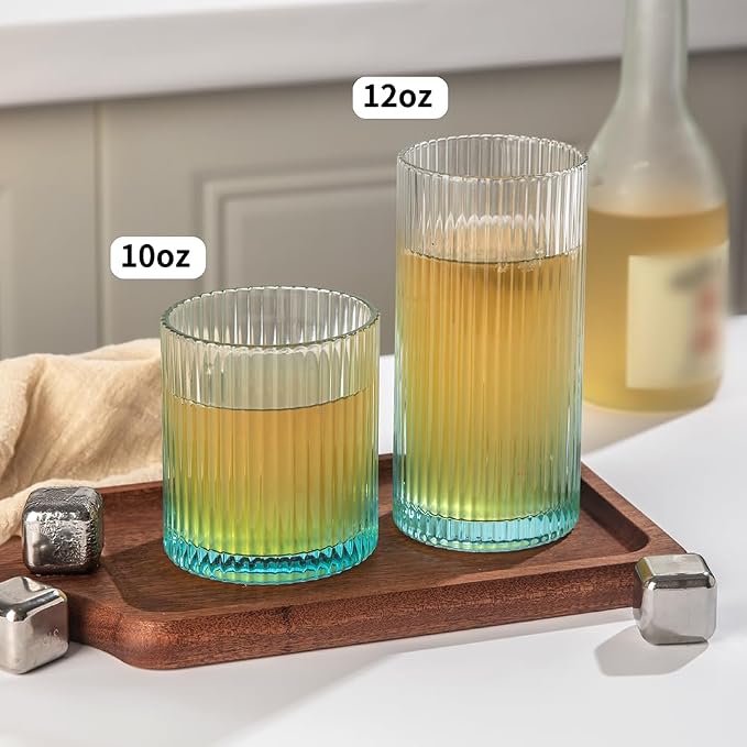 Ribbed Drinking Glasses 8pcs, 12oz and 10oz Glassware, Tumbler Glasses Cup Set for Wedding, Party, Christmas Gift, Blue