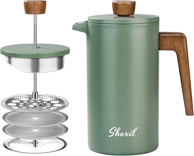 French Press Coffee Maker, 34oz Stainless Steel Green Coffee Press Real Wood Handle, Double Wall Insulated French Coffee Press with Dual-Filter Screen, Perfect for Camping & Kitchen Use