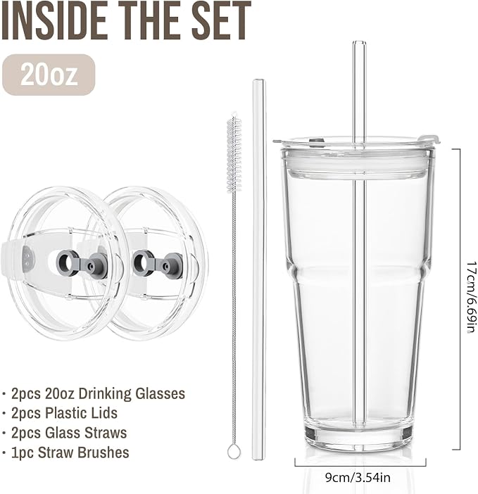 SoulTimes 20oz Clear Glass Tumbler with Lid and Straw – Iced Coffee Glasses Cups for Smoothie, Matcha, Juice, Water etc. Leakproof and Reusable Glassware Drinking for Travel To Go 【2 Pack】