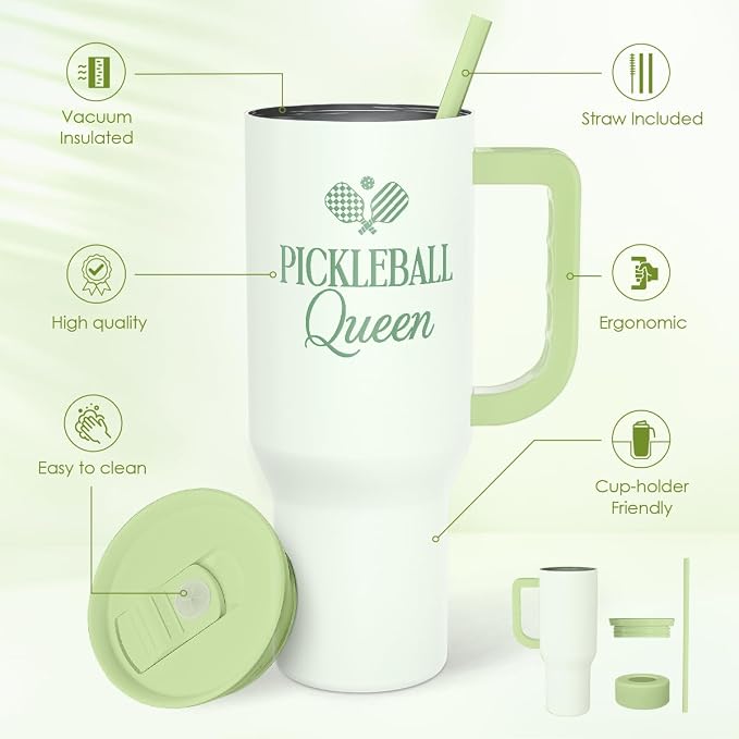 SANDJEST Pickleball 40oz Tumbler With Handle and Straw, Pickleball Queen Insulated Stainless Steel Travel Coffee Mug for Women Girls Players, Gift Idea for Birthday Christmas Mothers Day