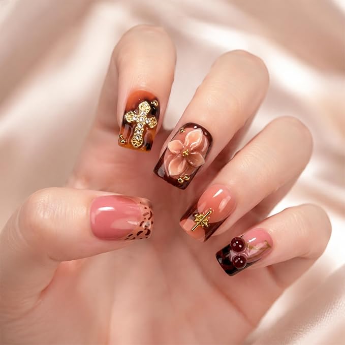 Brown Flower Handmade Press on Nails Short Square 3D Floral & Cherry False Nail Designs Thicked Leopard Print French Tip Fake Nails Full Cover Hand Made Press on Nails for Women (M)