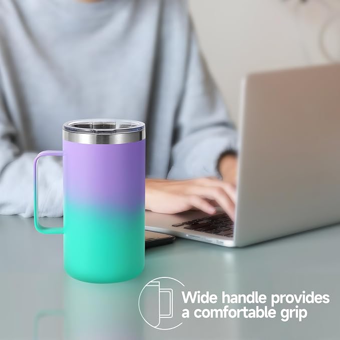 Volhoply 22oz Insulated Stainless Steel Coffee Mug with Leakproof Lid,Double Wall Vacuum Travel Coffee Cup with Handle,Reusable Metal Tumbler,Camping Mugs Keep Hot&Cold(Purple Green,1)