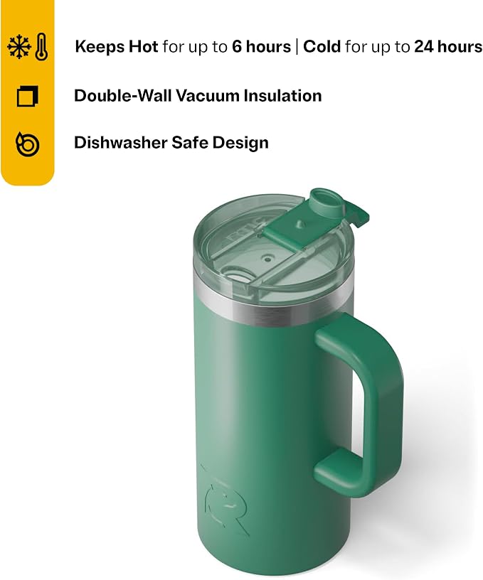 RTIC 16oz Road Trip Travel Mug with Lid and Handle, Ceramic Lined, Insulated, Stainless Steel, Metal, Double Wall Vacuum-Insulation, Portable Coffee, Tea Cup for Hot and Cold Drink, Pine Tree