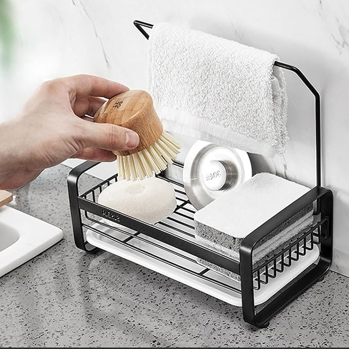Sponge Holder with rag stick for Kitchen Sink - Rustproof Sink Caddy with Instant Drying Stone, Removable Dish Brush Holder, Stainless Steel Kitchen Caddy for Coutertop Storage Accessories