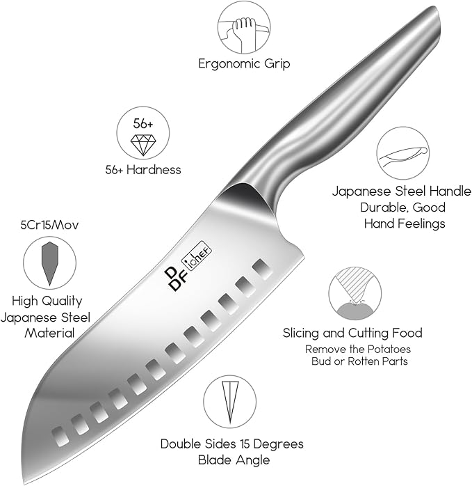 Chef Knife 7 Inch, High-Carbon Stainless Steel Santoku, Dishwasher Safe | Japanese Kitchen Knife with Ergonomic Hollow Handle, Ultra Sharp Santoku Knife for Chopping, Silver