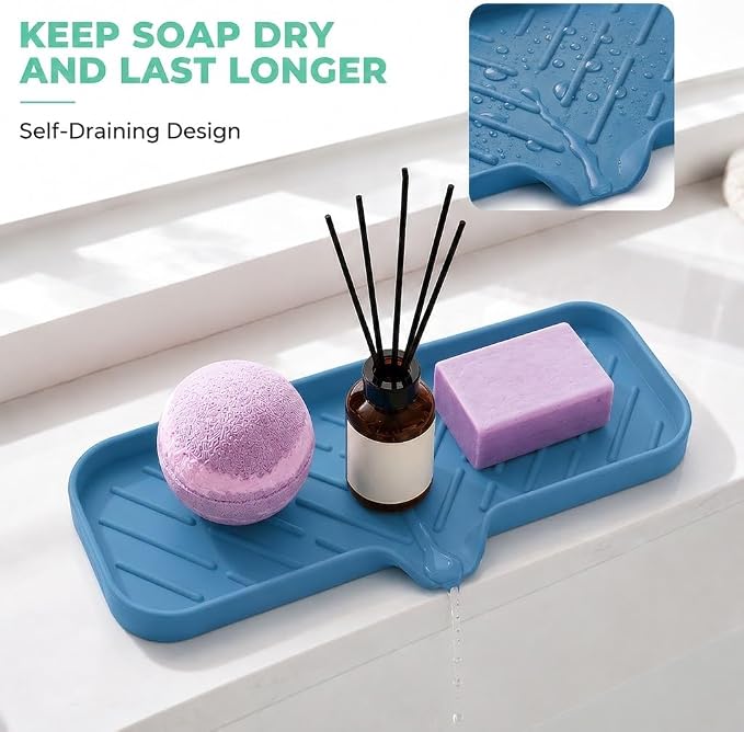 MicoYang Silicone Soap Dish with Drain Spout — Self-Draining Double Sink Organizer Tray for Kitchen & Bath, Dispensers, Sponges & Soap Holder, Non-Slip & Dishwasher Safe, Lichen Blue (Large, 12"×4")