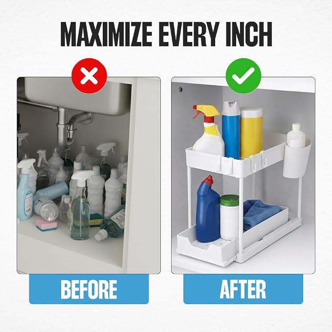Undersink Organizer, 2-Tier Under Sink Storage Rack with Sliding Drawers for Kitchen Bathroom Cabinets, Pull Out Organizer for Pantry, Laundry Room & Closet Organization - 1 Pack, White
